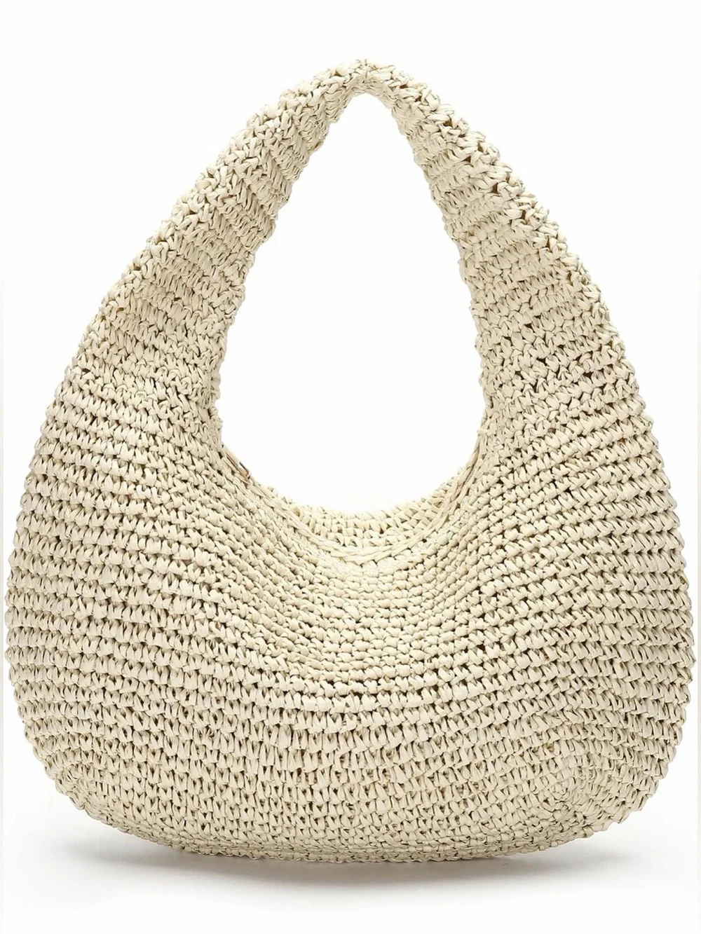 Woven Raffia Hobo Shoulder Bag - Half Moon Design Lightweight Zipper Closure